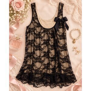 Julie’s Closet Black Lace Overlay Bow Sleeveless Tunic Top Romantic Coquette